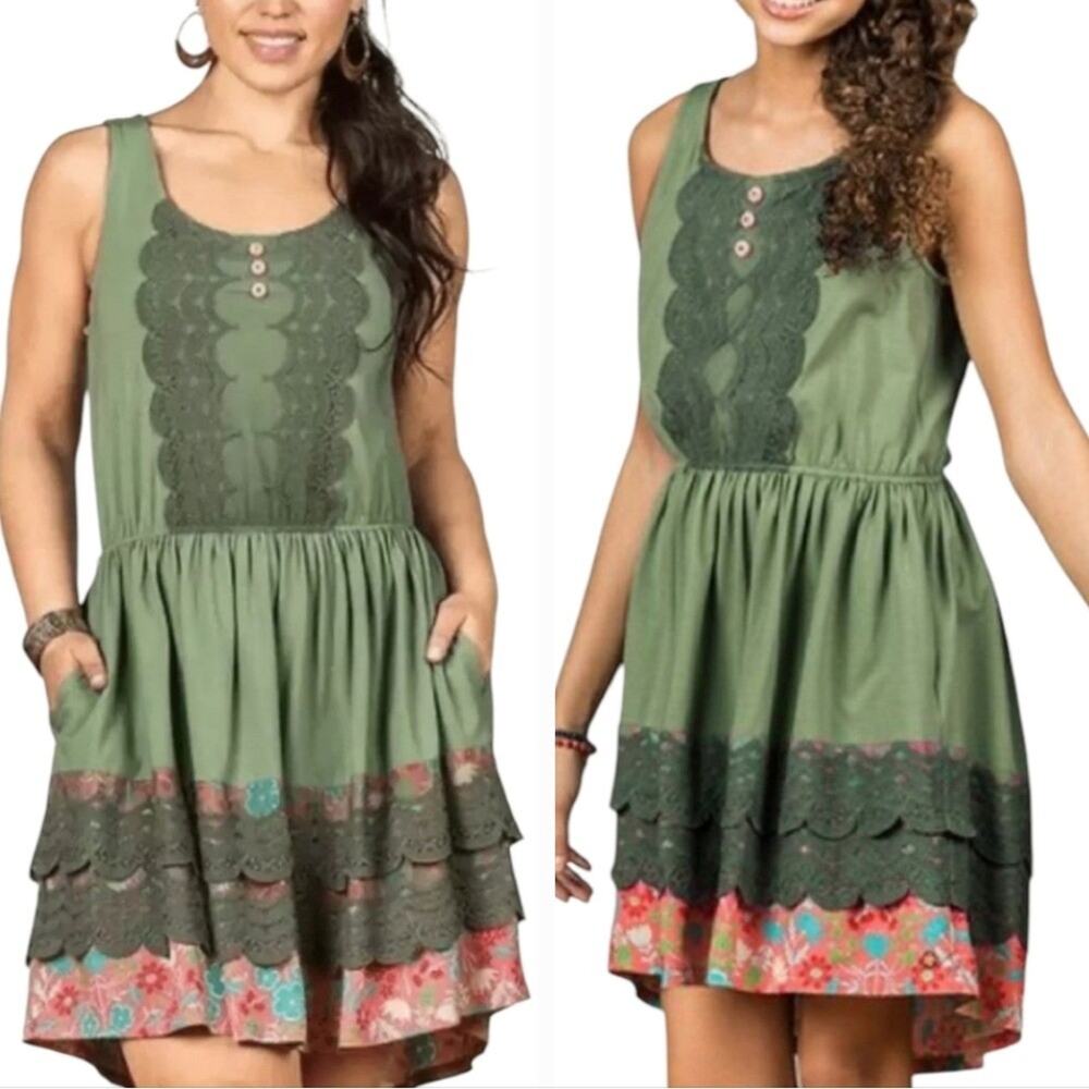 Matilda Jane Peaceful Plains Green Lace Tank Dress Pockets Women's Size XS